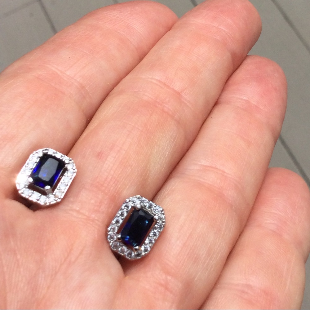 Emerald cut Earrings sapphire 18 K white gold stud - Picture 3 of 3